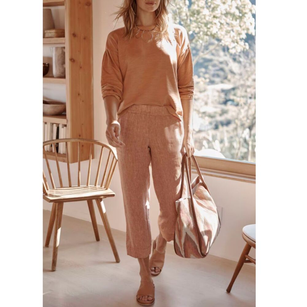 J.Jill Pure Linen Cropped Pull On Pants Women's Petite Size M Light Sable Casual